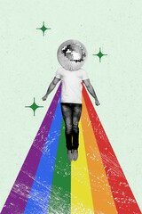 Vertical photo collage of jump guy instead head disco ball gay club party lgbt tolerance stripes...