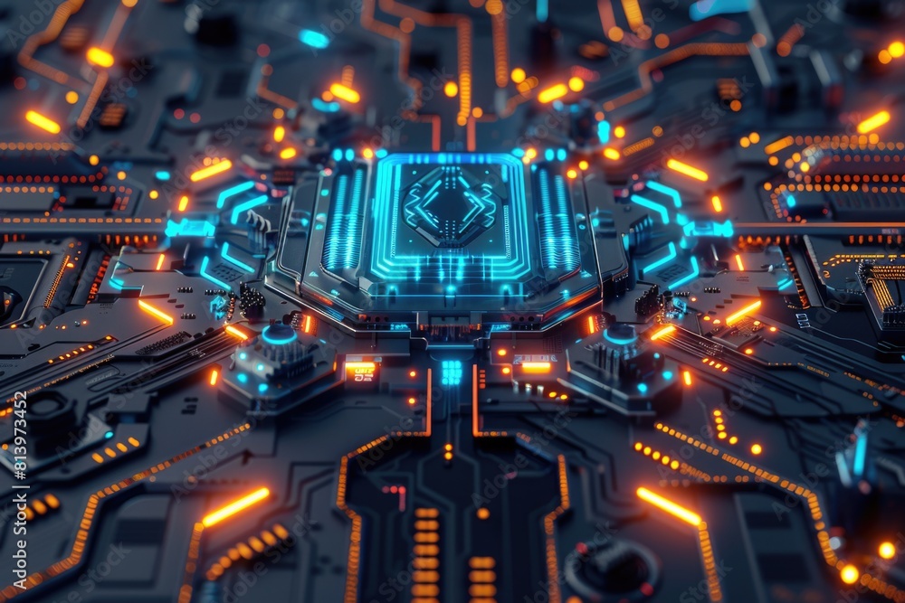 Poster close-up view of a circuit board with neon lights, suitable for technology concepts