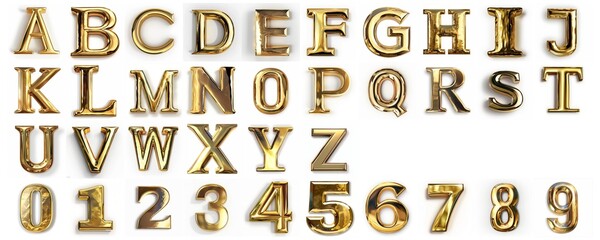 collection of glossy gold alphabet isolated on white