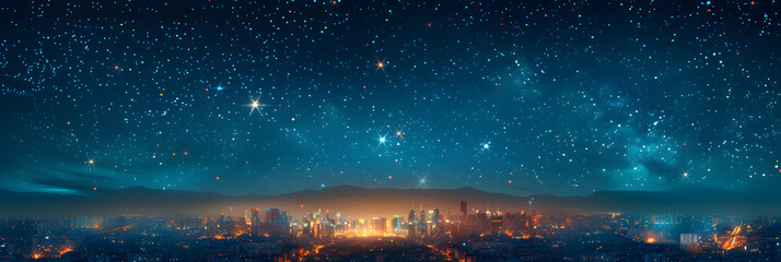 Photo realistic cityscape sparkles below a starry night, blending urban lights with celestial stars   stunning concept capture