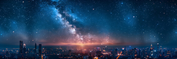 Cityscape Sparkling Below Starry Night: Urban Lights vs Celestial Stars   Photo Realistic Concept