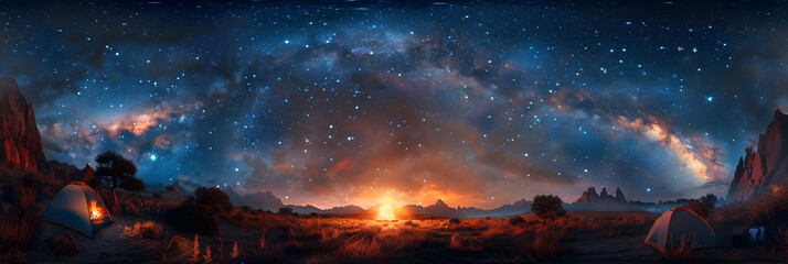 Cosmic Campfire Tales: Campers Under Starry Sky Embracing Adventure with Stellar Backdrop   Photo Realistic Camping Concept