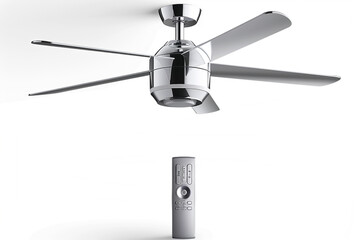 A sleek chrome ceiling fan with a low-profile design and a remote control isolated on a solid white background.