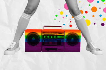 Composite photo collage of female legs wear sneakers shoes lgbt party boombox device stereo music...