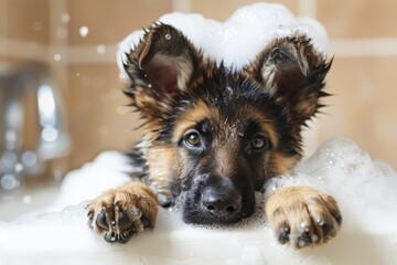 A cute dog sits soapy in the bathroom