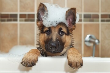 A cute dog sits soapy in the bathroom