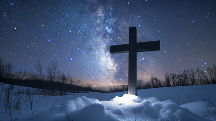 A Christian cross in a snowy landscape at night, under a clear sky filled with stars, with the...