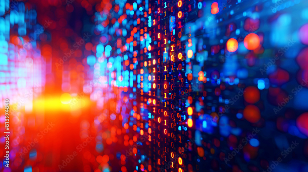 Wall mural vibrant digital wall of binary code in blue and red, depicting data and technology concept.