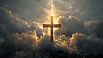 A dramatic image of a large Christian cross illuminated by a single ray of sunlight piercing...