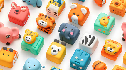 Whimsical Cartoon Animal Parade Tiles: Fun and Joyful Flat Design Illustrations for Child Room Decor