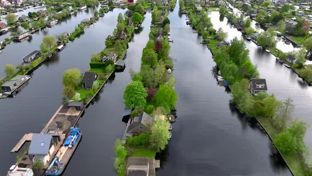 Beautiful and Unique Vinkeveense Plassen in Vinkeveen, The Netherlands. Recreational Calm Islands Aerial Drone Shot