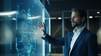 Confident thoughtful businessman touching imaginary blank hologram screen in wide modern office