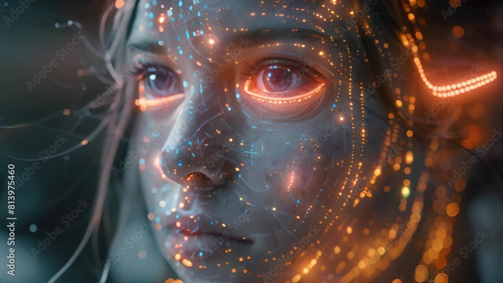 Poster A close-up of a womans face with intricate glowing lines and dots, creating a futuristic and technological aesthetic.