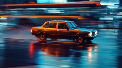 Dynamic image of a vintage sedan car in motion at night with colorful light streaks.