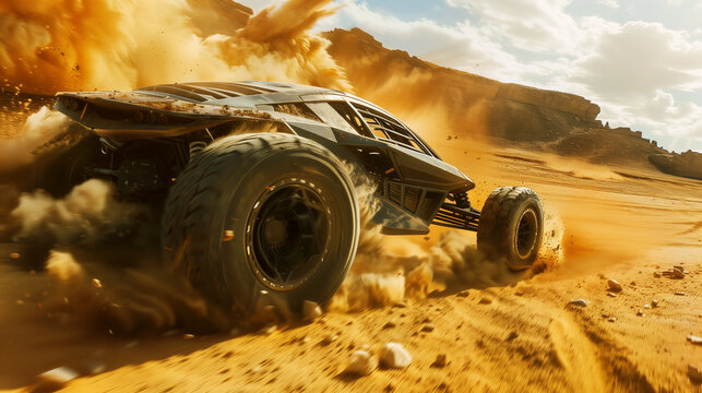 A futuristic all-terrain vehicle speeds across a sandy desert leaving a trail of dust.