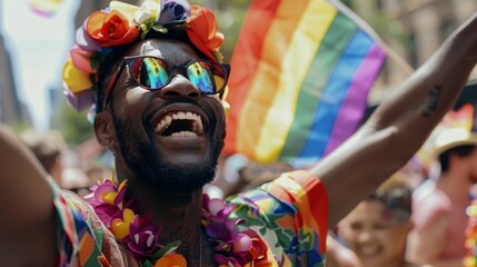 A candid moment capturing the essence of LGBTQ+ celebration, where joyous laughter and vibrant flags fill the frame