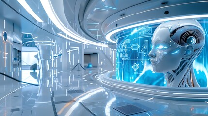 A futuristic AI lab with facial recognition technology, sleek design, blue and white tones, panoramic view