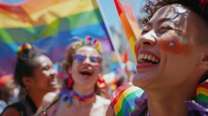 Obraz premium A candid moment capturing the essence of LGBTQ+ celebration, where joyous laughter and vibrant flags fill the frame