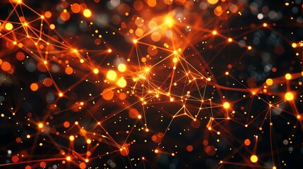 Fototapeta premium Abstract neural network, bright nodes and links, top view, vibrant orange against black