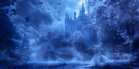 Haunted Dracula's Castle: A Spooky Setting with Bats and a Creepy Atmosphere Ideal for Halloween. Concept Halloween, Dracula's Castle, Spooky Setting, Bats, Creepy Atmosphere