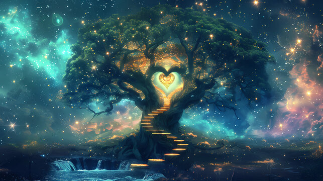 Tree of knowledge, akashic records, transformation and mysticism, occult, fantasy art concept