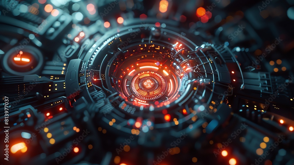 Poster scifi ai core with neural network activity, pulsing lights, high contrast, bird seye view