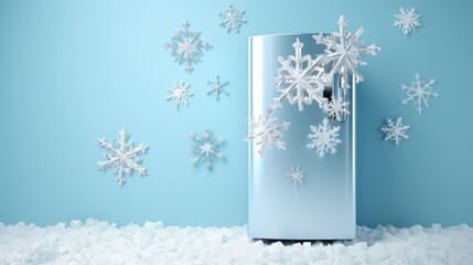 modern fridge and flying snowflake on light blue background