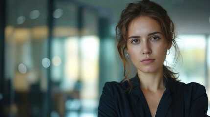 A woman in a black shirt standing in an office.