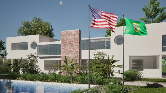 Modellazione 3D e video di edificio reaidenziale con piscina  e bandiere USA e Washington al vento