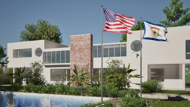 Modellazione 3D e video di edificio reaidenziale con piscina  e bandiere USA e West Virginia al vento