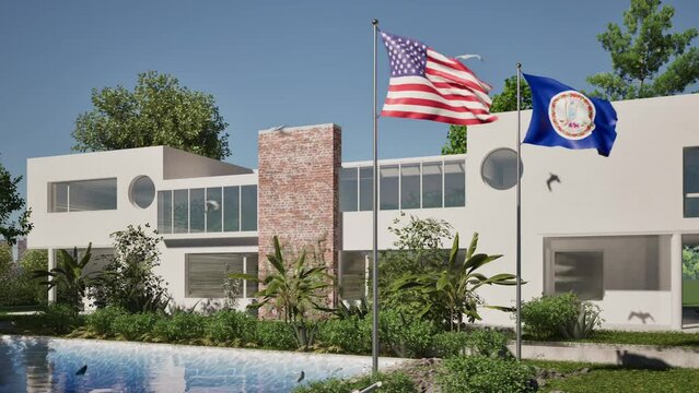 Modellazione 3D e video di edificio reaidenziale con piscina  e bandiere USA e Virginia al vento