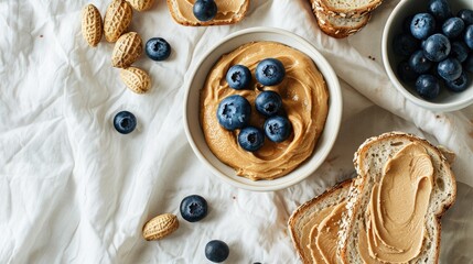 A bird s eye view of a bowl of creamy peanut butter paired with slices of bread and juicy blueberries all set on a crisp white linen tablecloth perfect for a delightful breakfast or picnic 