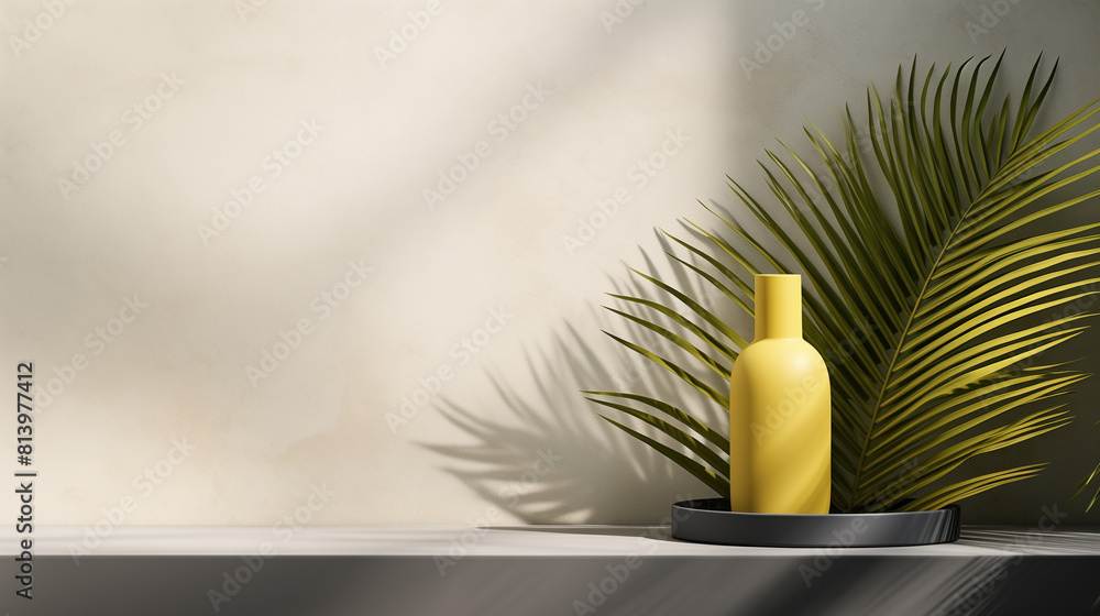 Poster minimal modern product display on textured gray and yellow background with fresh palm leaves and sha
