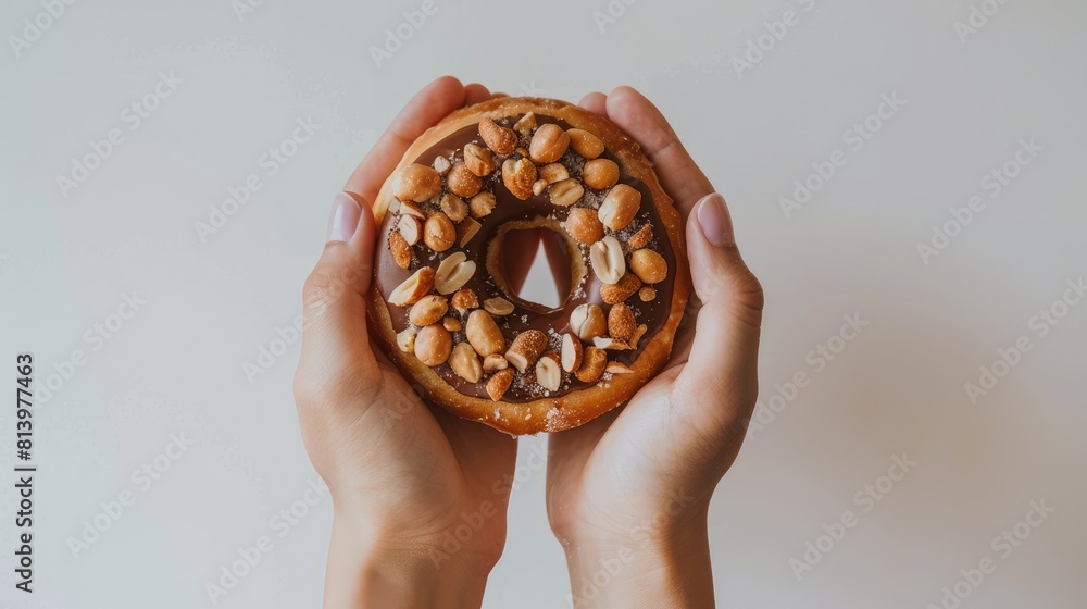 Poster a doughnut topped with peanuts and chocolate being held in two hands against a simple white backdrop