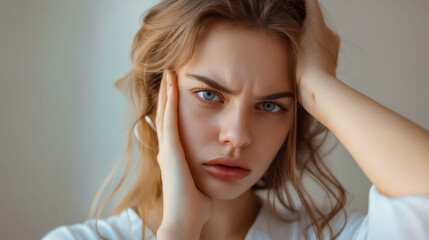 Fototapeta premium A woman with her hands on her head.