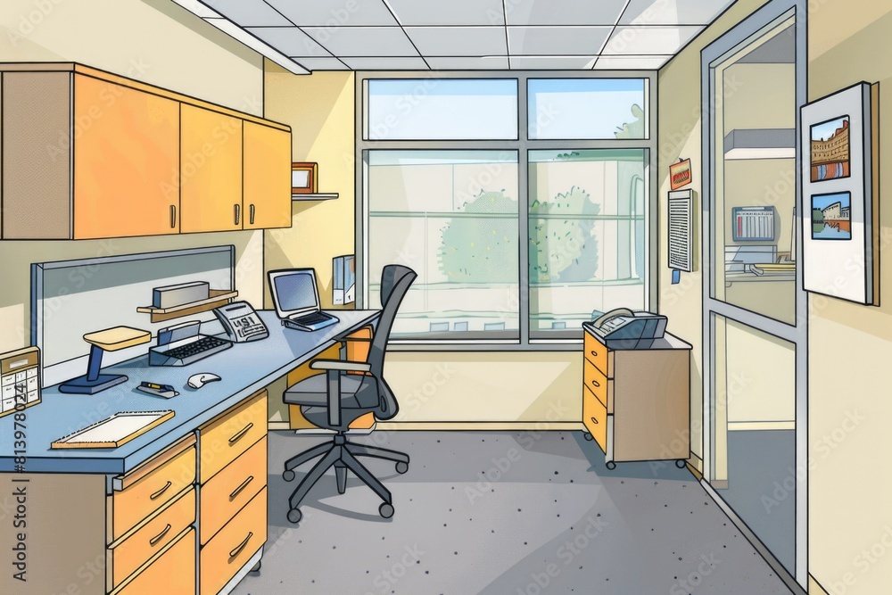 Aufkleber a simple office setup with a desk and chair. suitable for business or workspace concepts