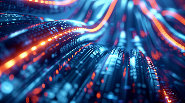 Abstract futuristic background of glowing blue and orange digital data cables with binary numbers.