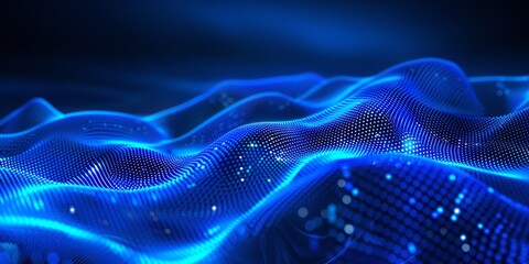 Abstract blue digital background with a wavy pattern of dots and lines