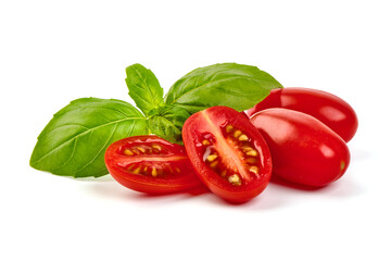 Cherry tomatoes with basil leaves, isolated on white background