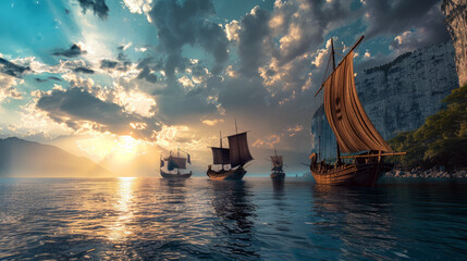 Viking ships sailing on the South Caribbean Sea, a historic maritime scene