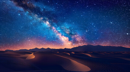 Tranquil Desert Oasis Under Milky Way Night Sky   Flat Design Icon Depicting Celestial Glow and Serene Landscape in Desert Oasis   Vector Illustration
