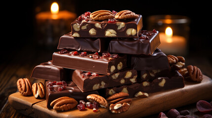 Delicious Chocolates And Nuts on Table With Candles on Dark Blurry Colorful Background