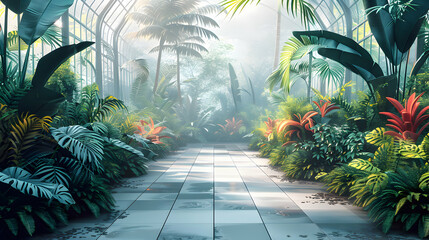 Misty Morning Botanical Garden: A Stunning Array of Plant Life at Dawn [Flat Design Icon Illustration]