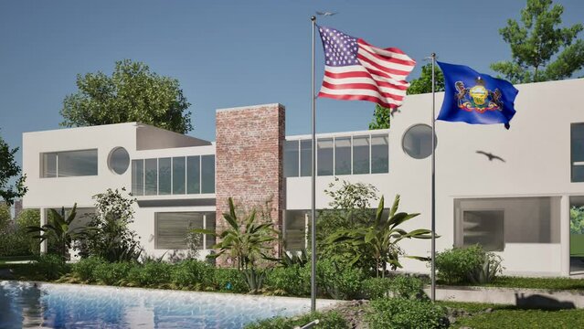 Modellazione 3D e video di edificio reaidenziale con piscina  e bandiere USA e Pennsylvania al vento