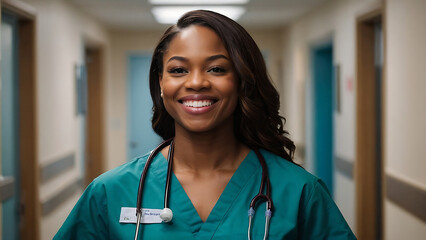 Black Woman or female nurse headshot photograph in a hospital, healthcare worker, woman nurse smiling, registered nurse	