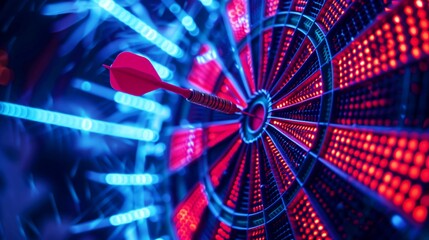 A vibrant image showcasing a dart hitting the bullseye on a glowing, digital dartboard with a futuristic design.
