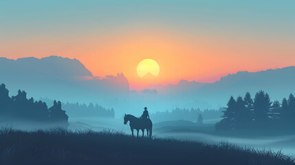 Simple flat design icon: Misty Morning Horse Ride   Illustration of a horse and rider emerging from the morning mist, embodying freedom and the spirit of early rides