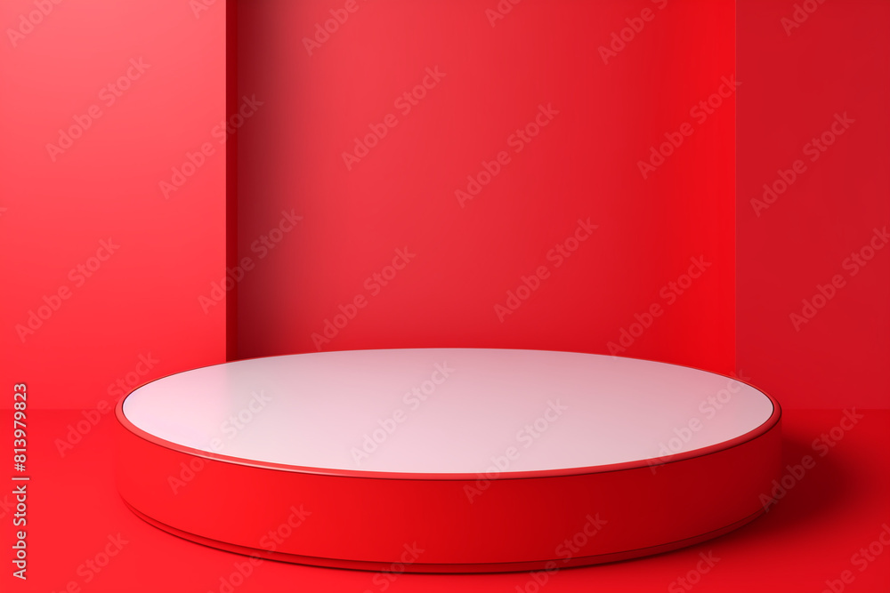 Poster simple, minimal 3d render composition with one white cylinder podium or stand on abstract shadow neo
