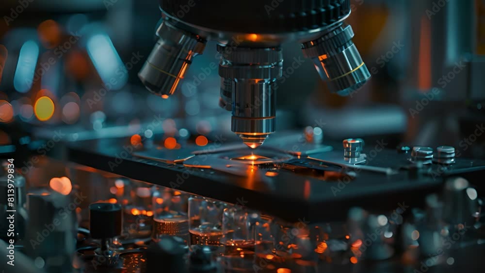 Poster detailed view of a microscope with illuminated background lights, showcasing scientific equipment in