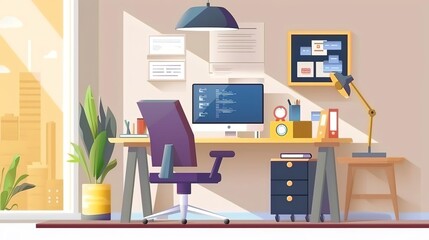 Fototapeta premium A professional and organized workspace with a large desk, comfortable chair, and plenty of storage